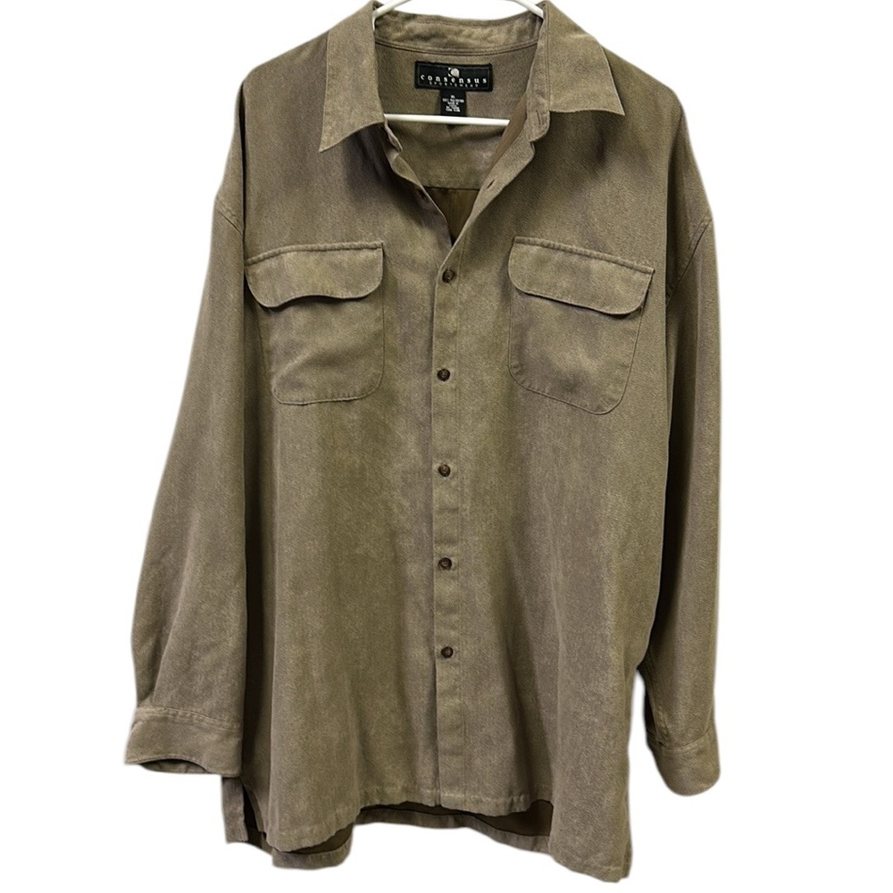 Consensus Sportswear Sueded Button Up Long Sleeve Tan Double Pocket Shirt XL
